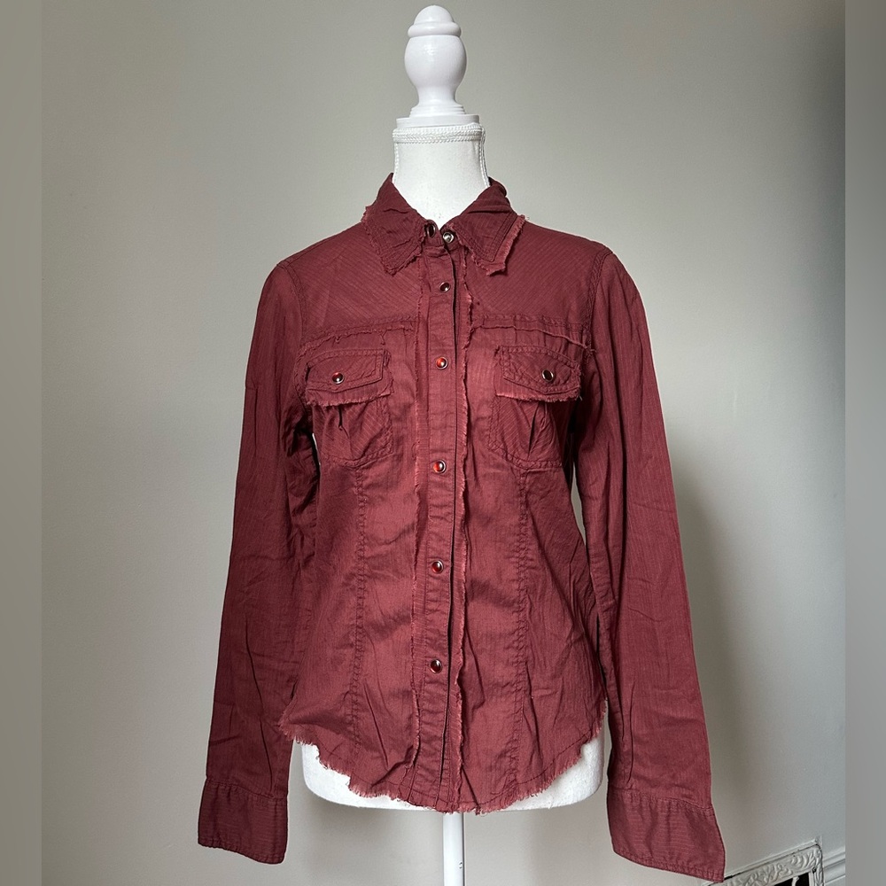 GIRL KRAZY Red 100%‎ Cotton Fringe Western Collared Button Down Size L